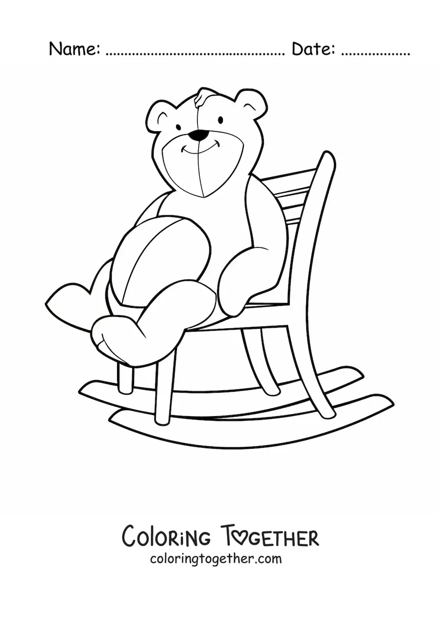 Coloring page of a teddy bear sitting on a rocking chair