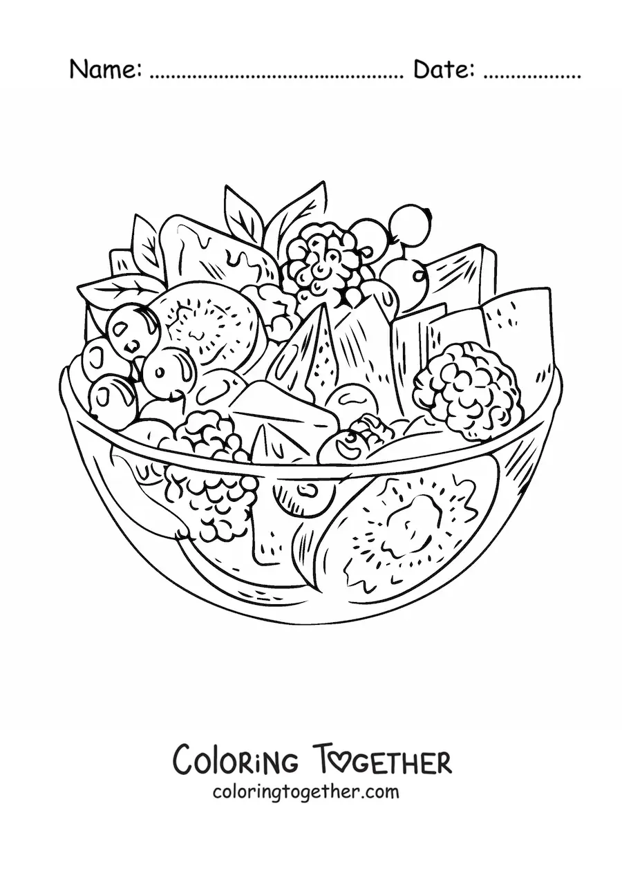 Coloring page of a realistic fruit salad in a glass bowl