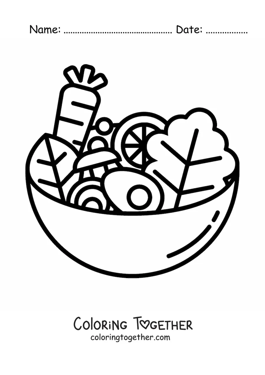 Coloring page of a salad with lettuce, carrot and eggs in a bowl
