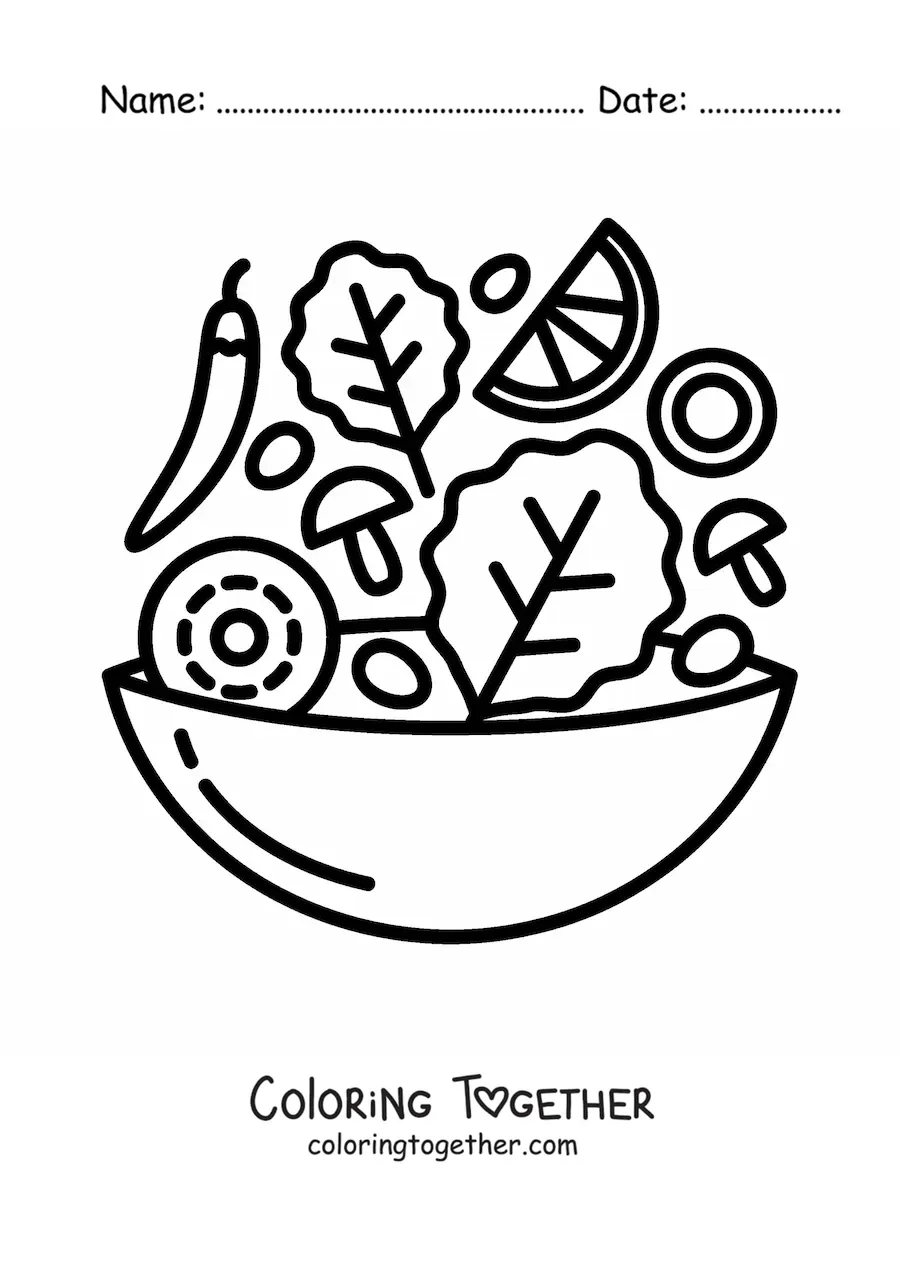 Coloring page of a salad with peppers, lettuce and mushrooms in a bowl