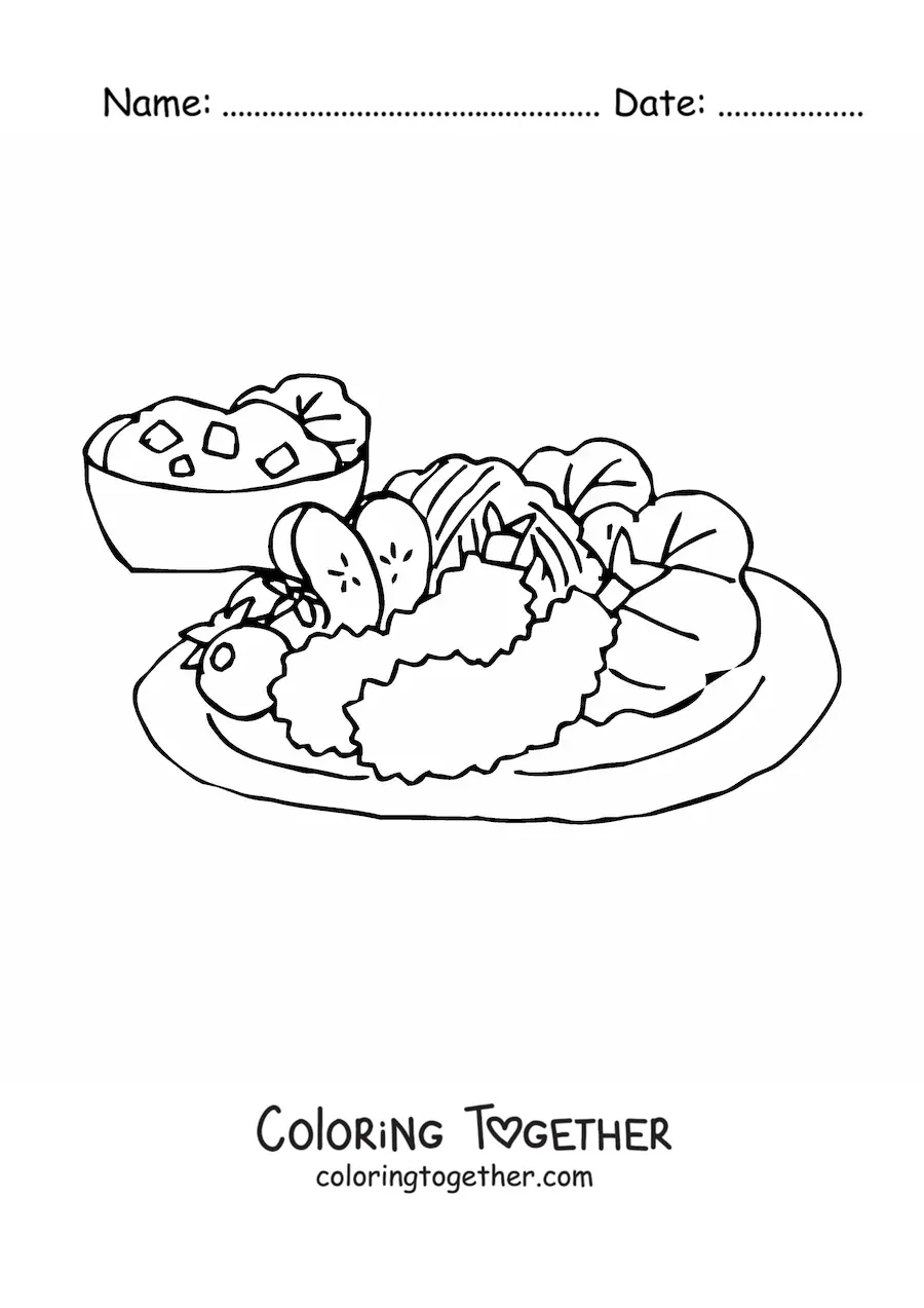 Coloring page of a dish with fried shrimp and salad
