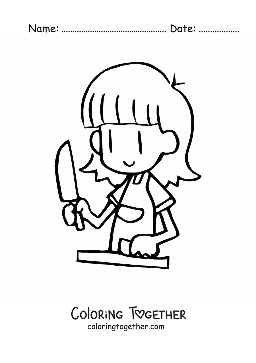 Coloring page of a girl cutting a carrot to make a salad
