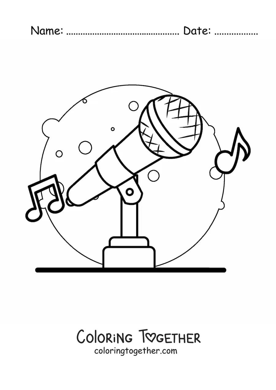 Coloring page of a wireless microphone on a stand with musical notes in the background