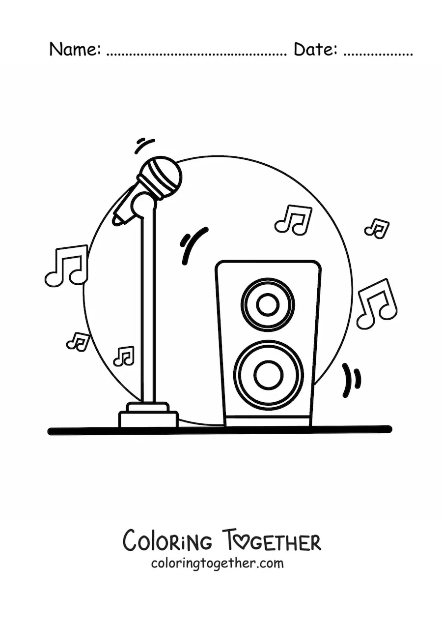Coloring page of a standing microphone with a speaker, with musical notes in the background