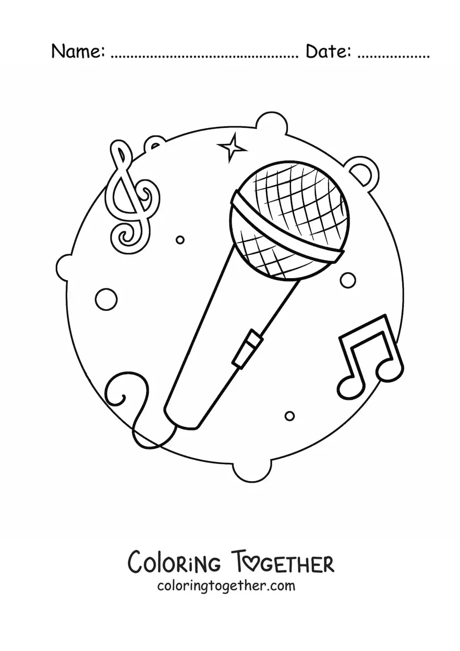 Coloring page of a microphone with musical notes in the background