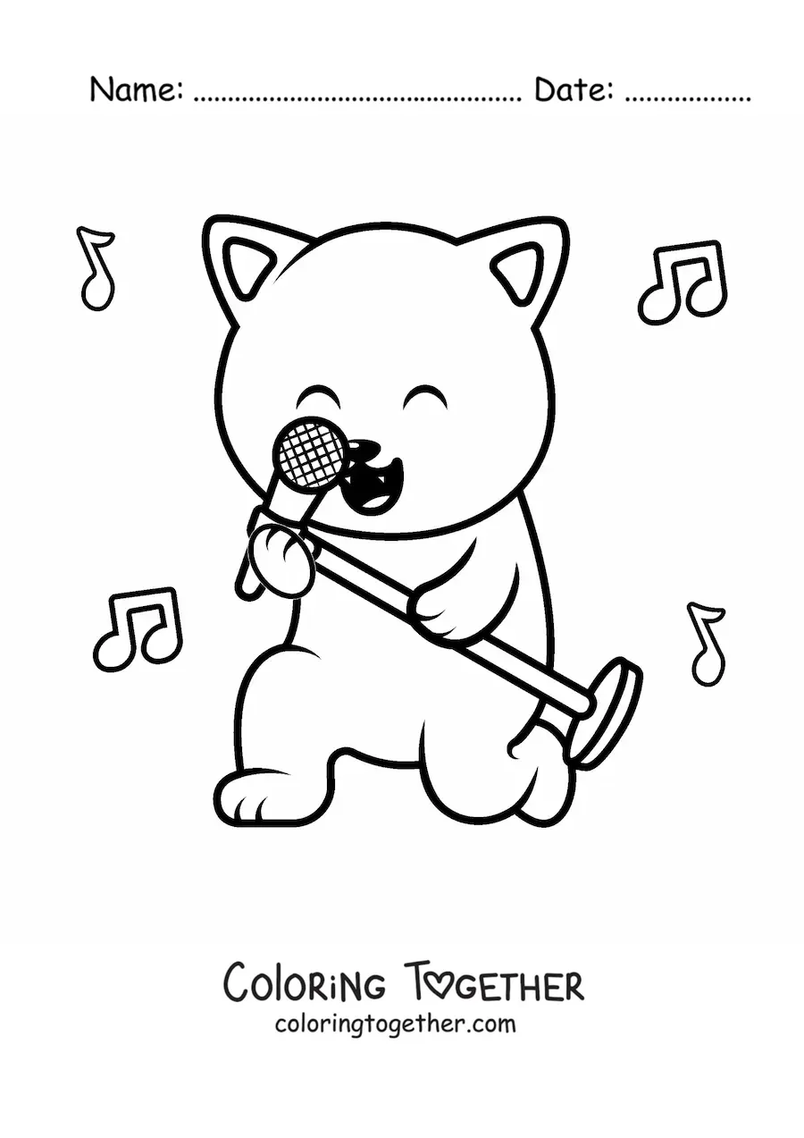 Coloring page of an animated cat singing with a microphone with musical notes in the background