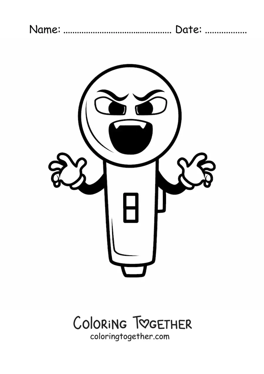 Coloring page of an animated microphone with fangs giving a Halloween scare