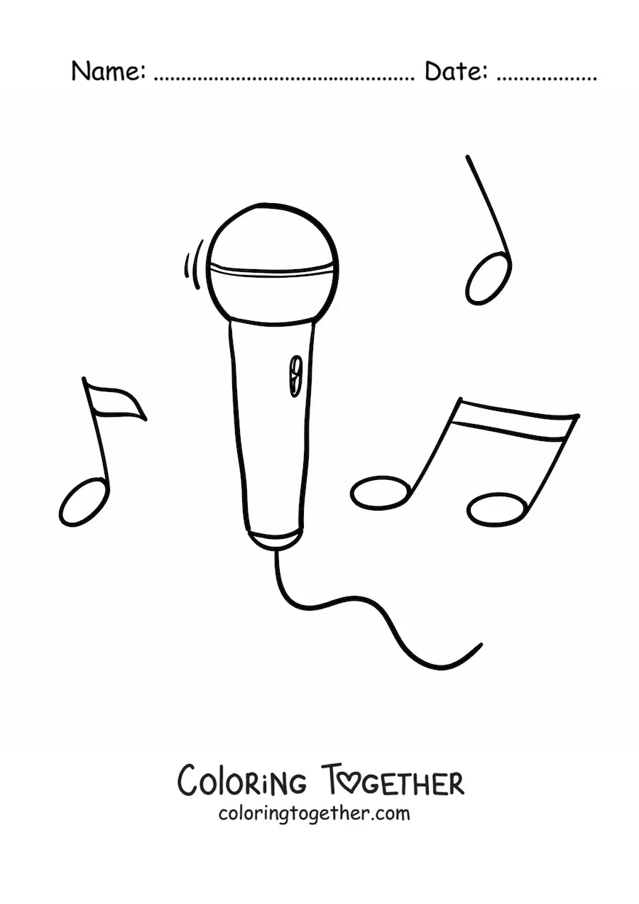 Coloring page of a microphone with musical notes in the background