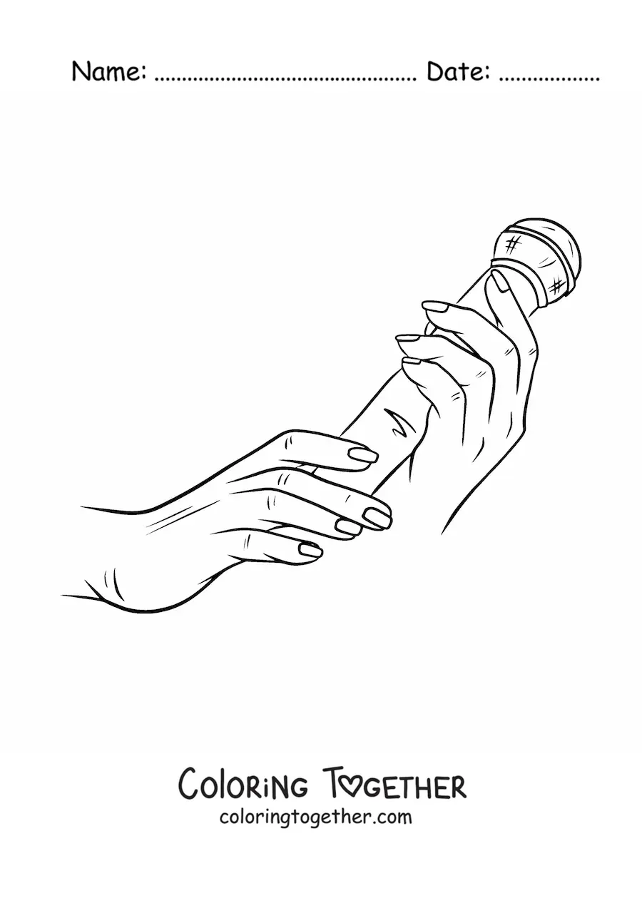 Coloring page of two hands holding a wireless microphone