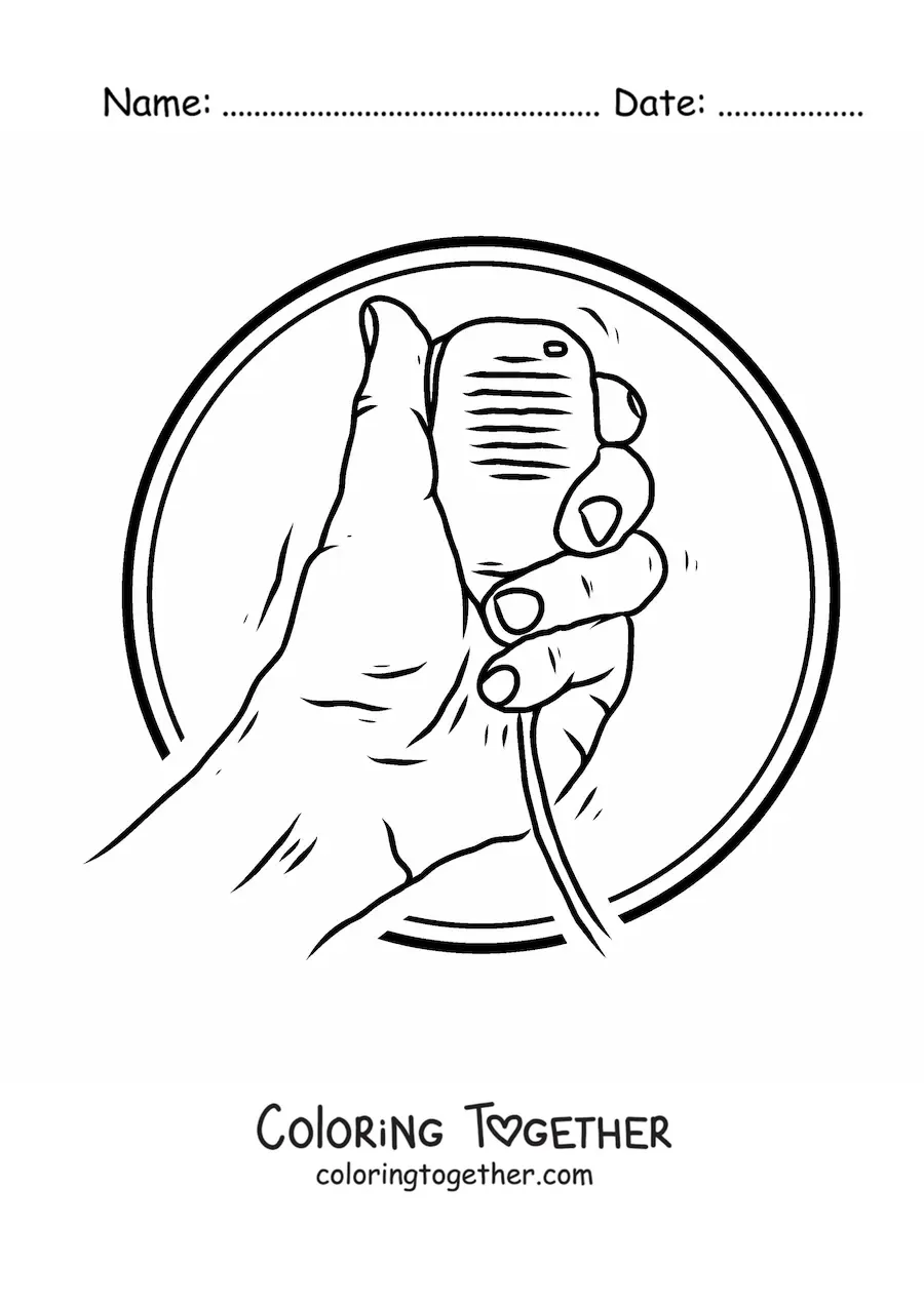 Coloring page of a hand holding a microphone with a speaker for the military