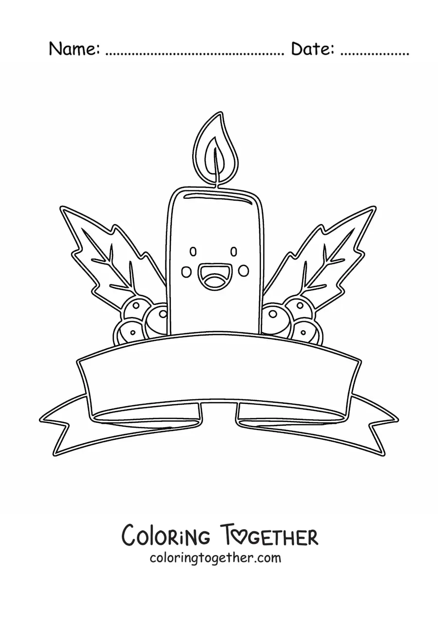 Coloring page of an animated kawaii Christmas candle with mistletoe and a ribbon