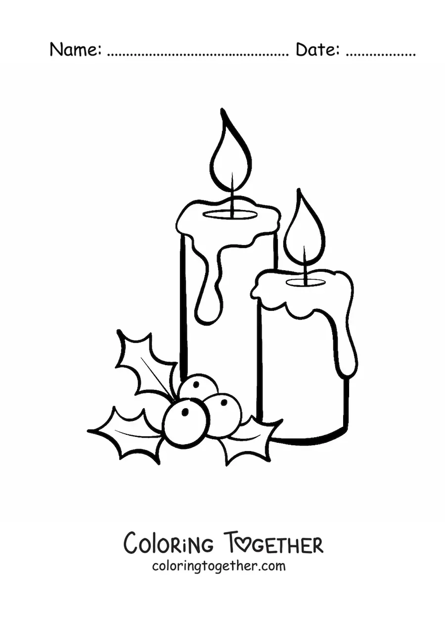 Coloring page of two Christmas candles with mistletoe