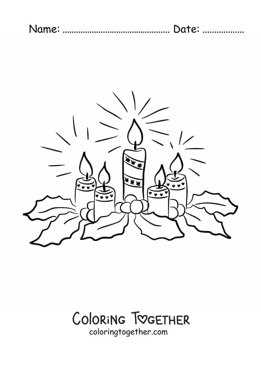 Coloring page of five Advent candles with mistletoe