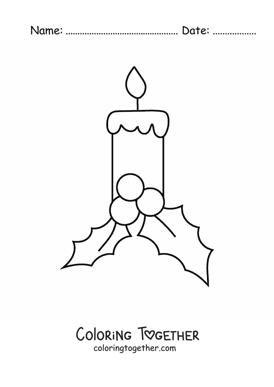 Coloring page of a Christmas candle with mistletoe