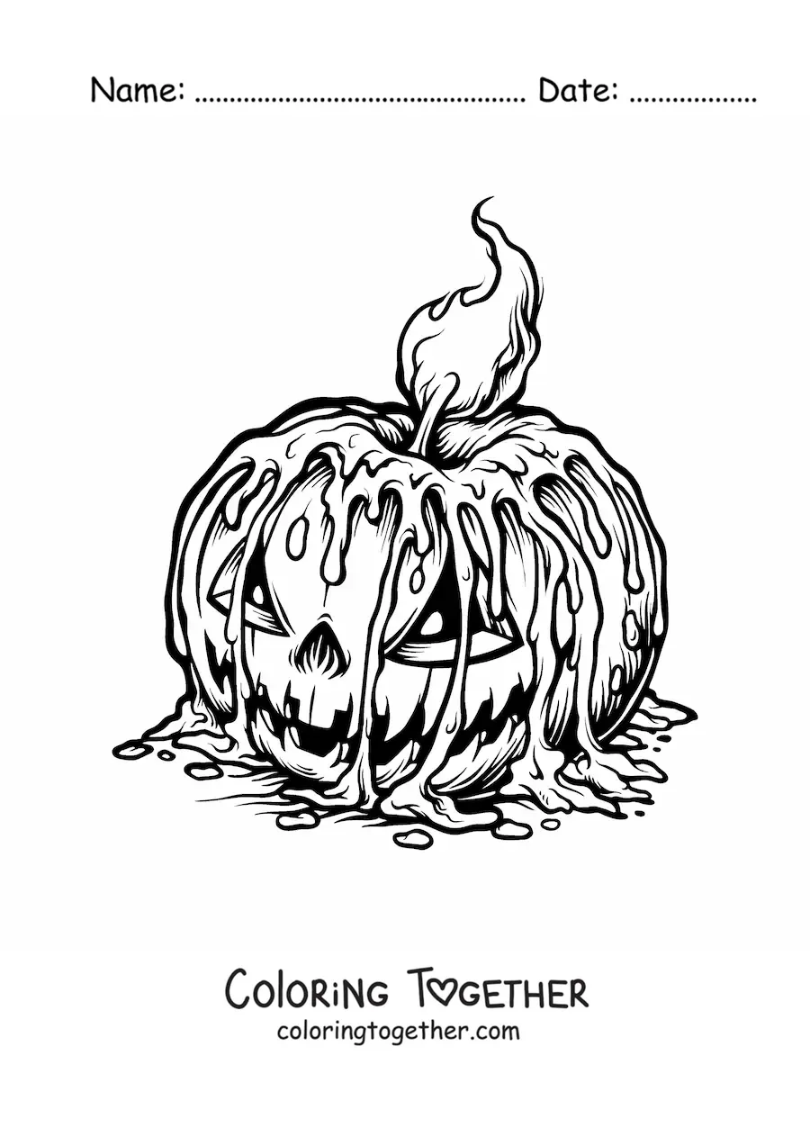 Coloring page of a melted Halloween candle on a scary pumpkin