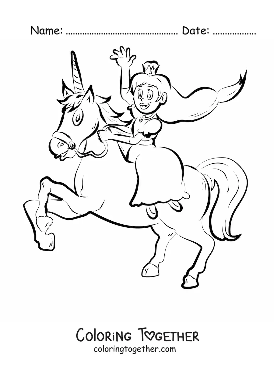 Coloring page of a princess riding a unicorn and waving