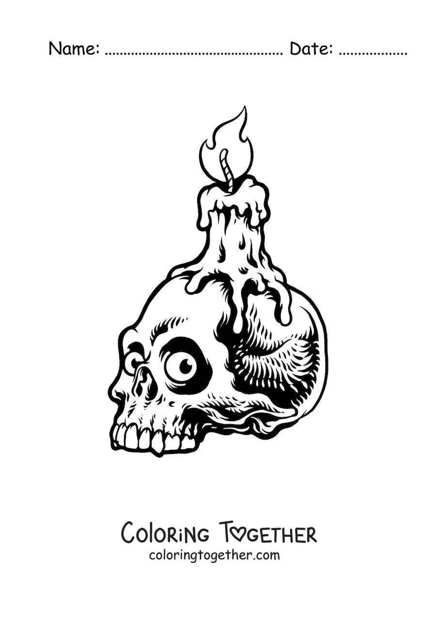 Coloring page of a Halloween candle on a scary skull