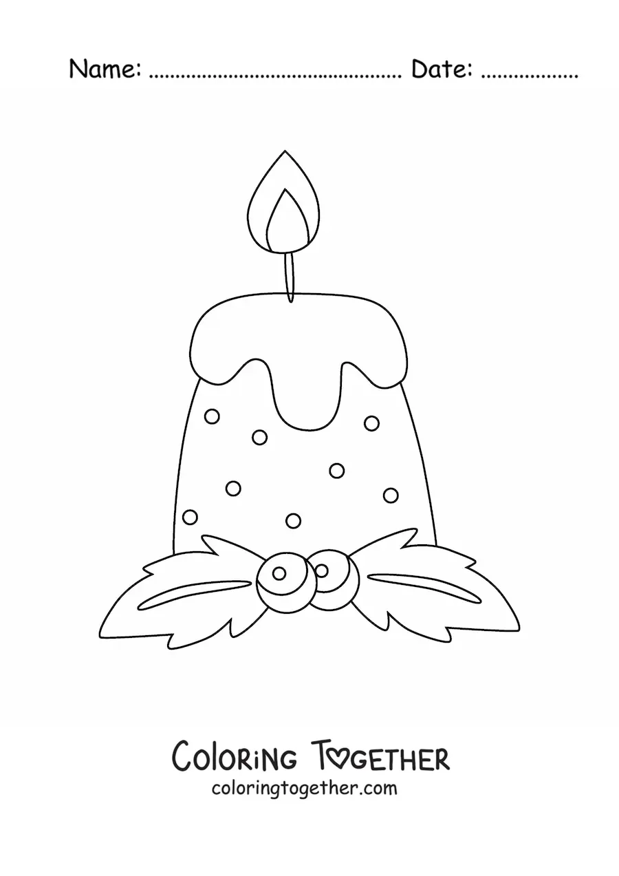 Coloring page of a dotted Christmas candle with mistletoe
