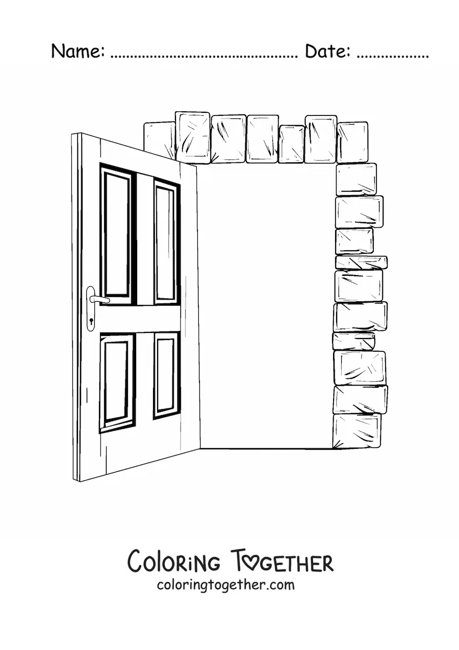 Coloring page of an open wooden door with a brick frame