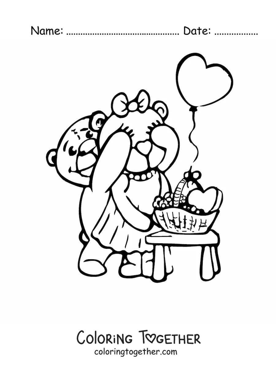 Coloring page of a loving cartoon bear couple