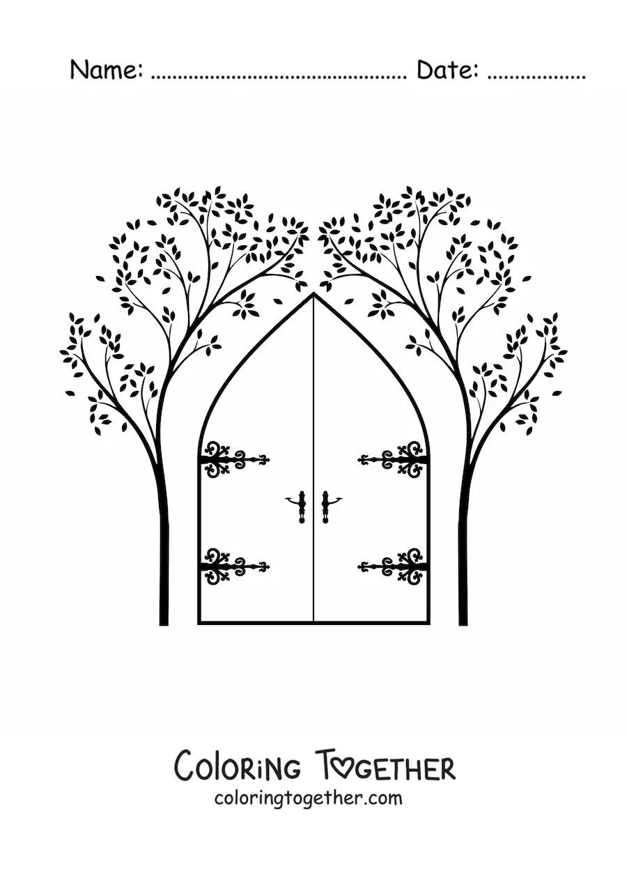 Coloring page of a door with two trees on either side