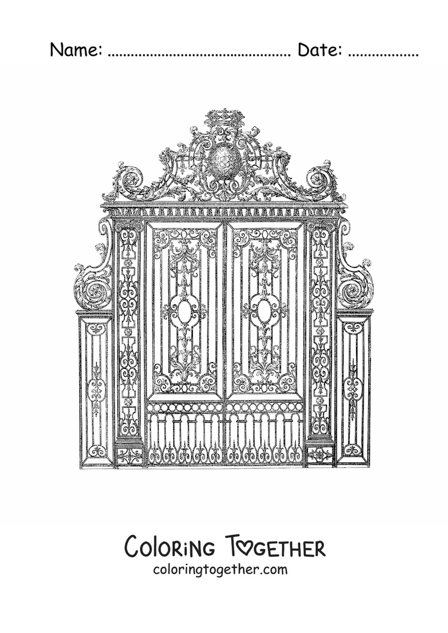 Coloring page of a realistic wrought iron gate