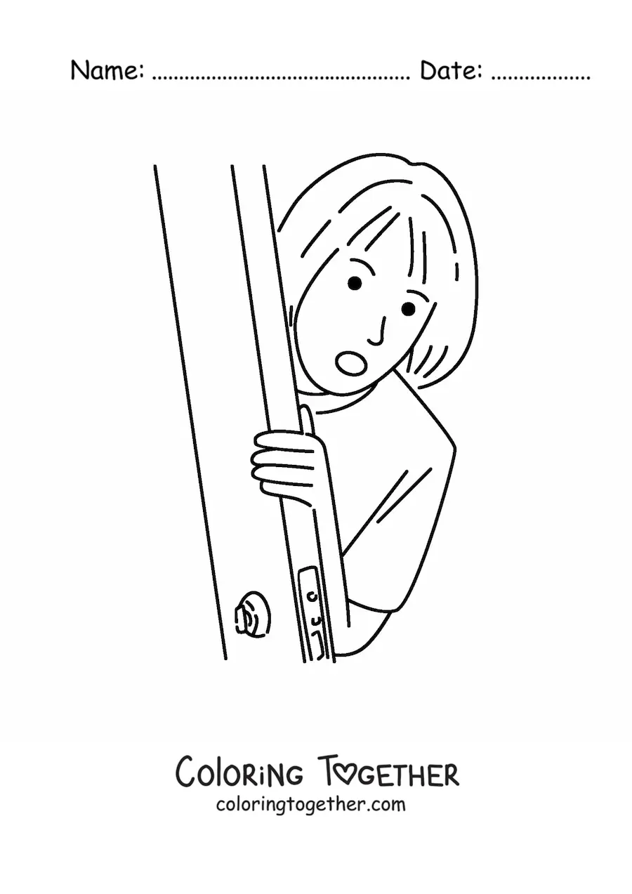 Coloring page of a girl peeking out from behind a door