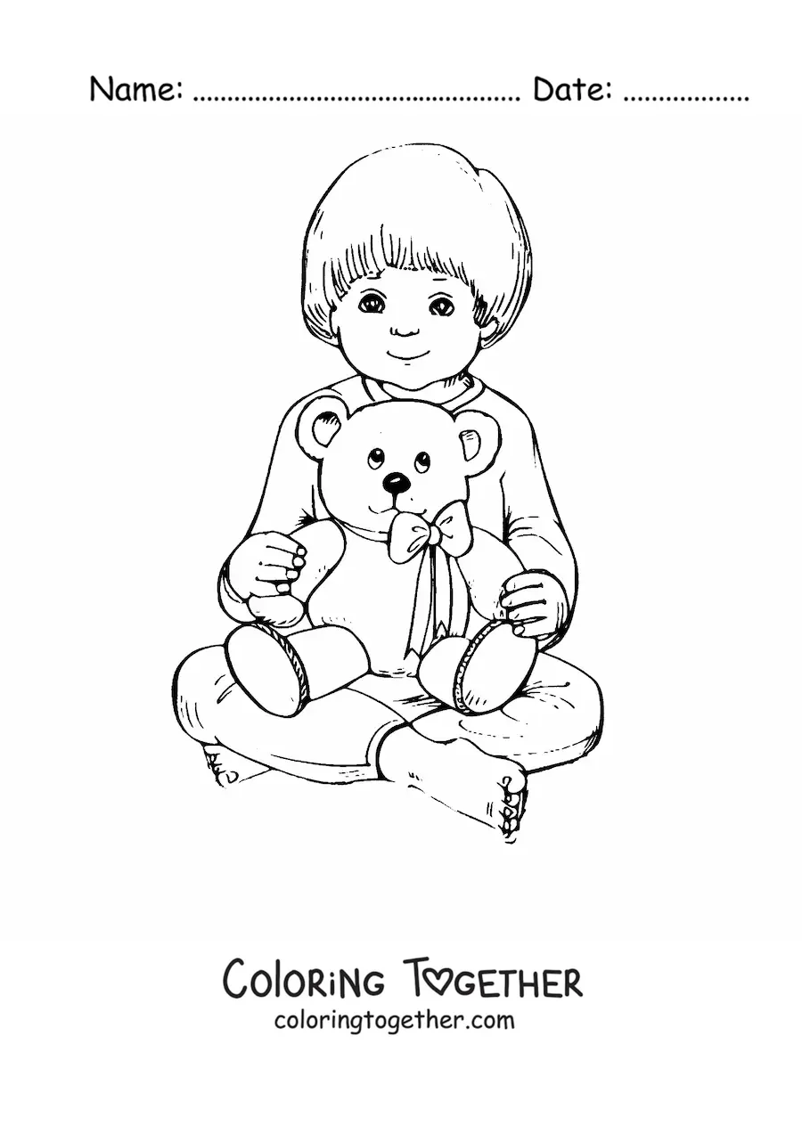 Coloring page of a boy sitting and holding a teddy bear