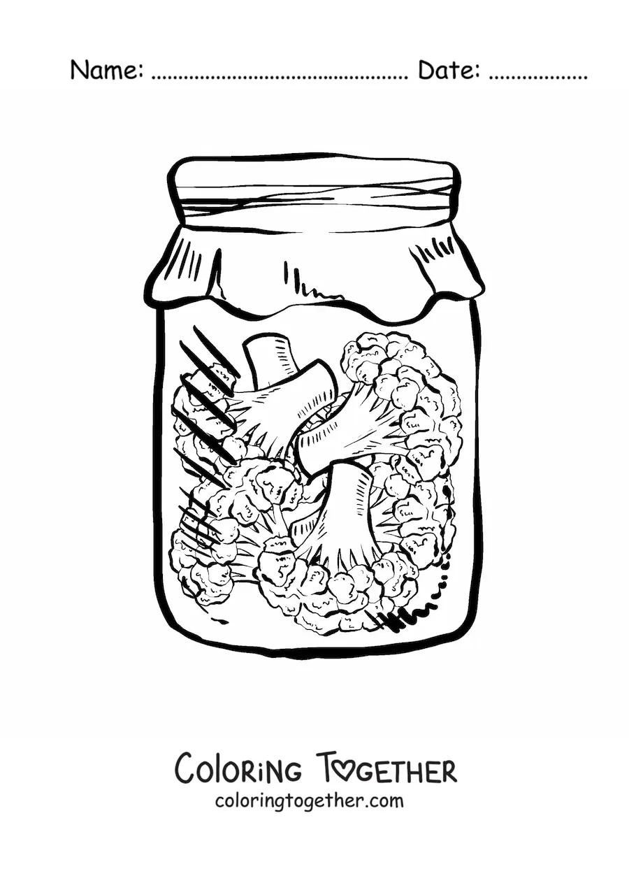 Coloring page of broccoli pieces in a realistic glass jar