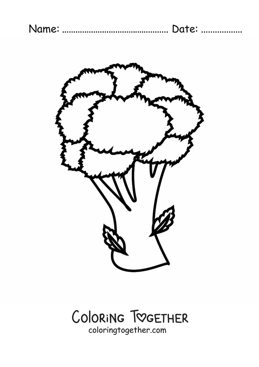 Coloring page of a broccoli with leaves