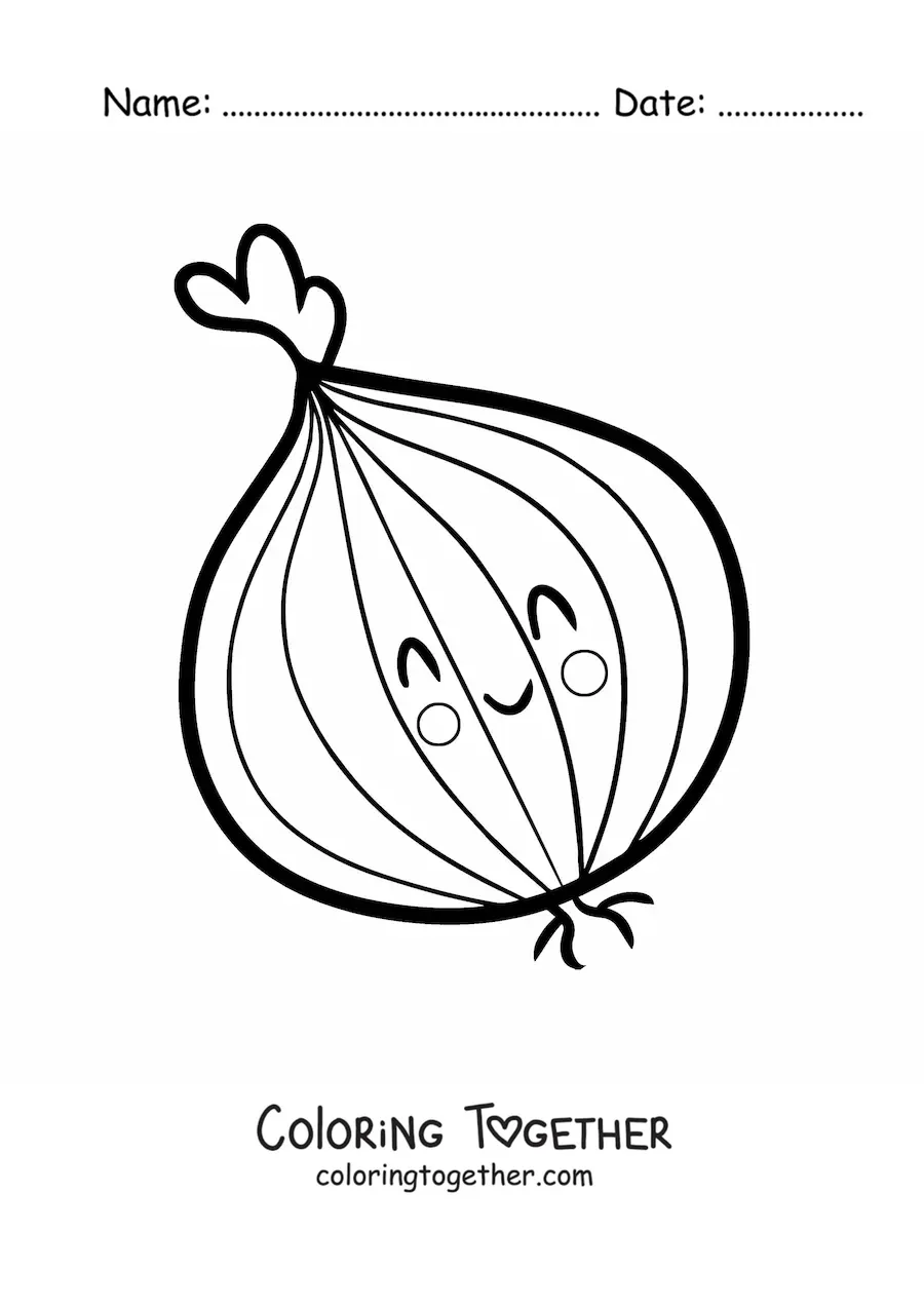 Coloring page of a smiling kawaii onion