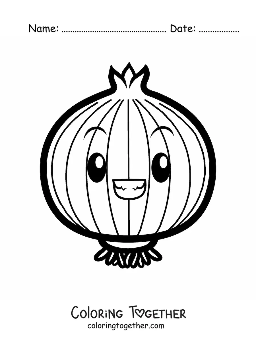 Coloring page of a smiling animated onion