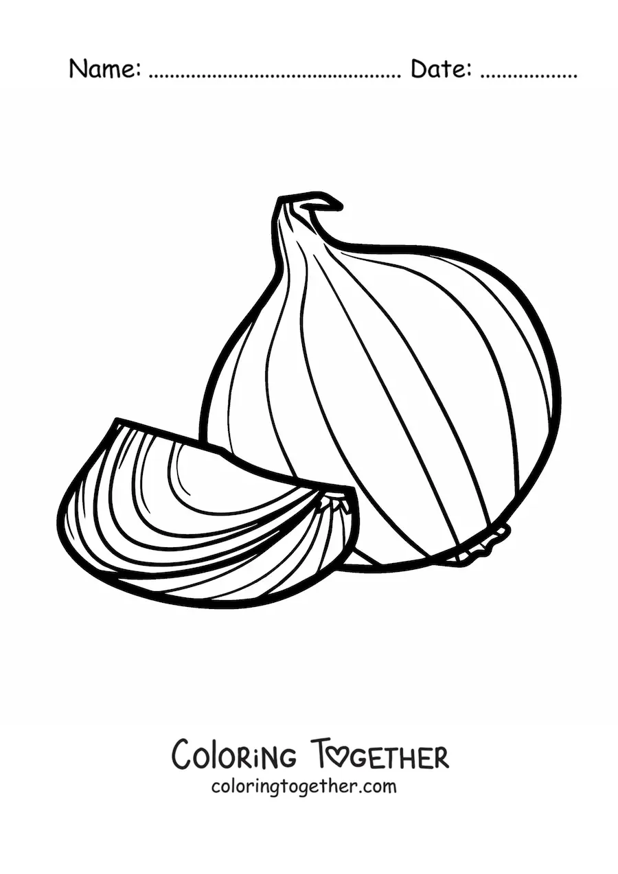 Coloring page of a whole large onion and a piece
