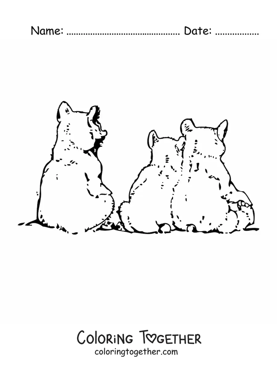 Coloring page of a family of baby bears sitting with their backs turned