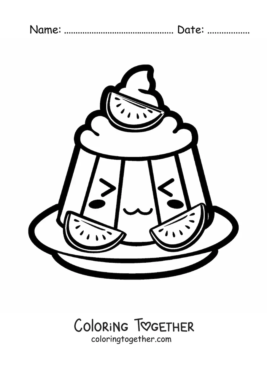 Coloring page of a kawaii jelly with cream and pieces of fruit