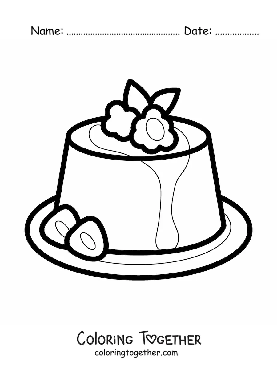 Coloring page of a jelly with strawberries and cream