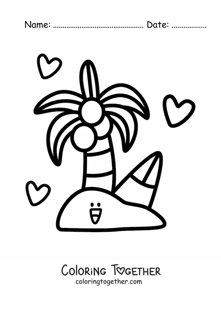 Coloring page of a cartoon kawaii island with a palm tree and hearts in the background