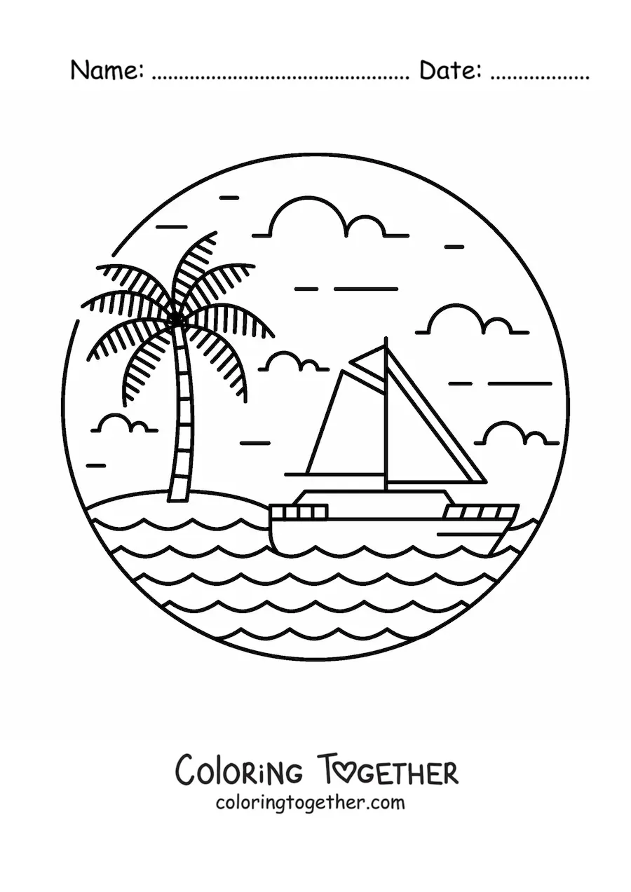Coloring page of an island with a palm tree and a sailboat