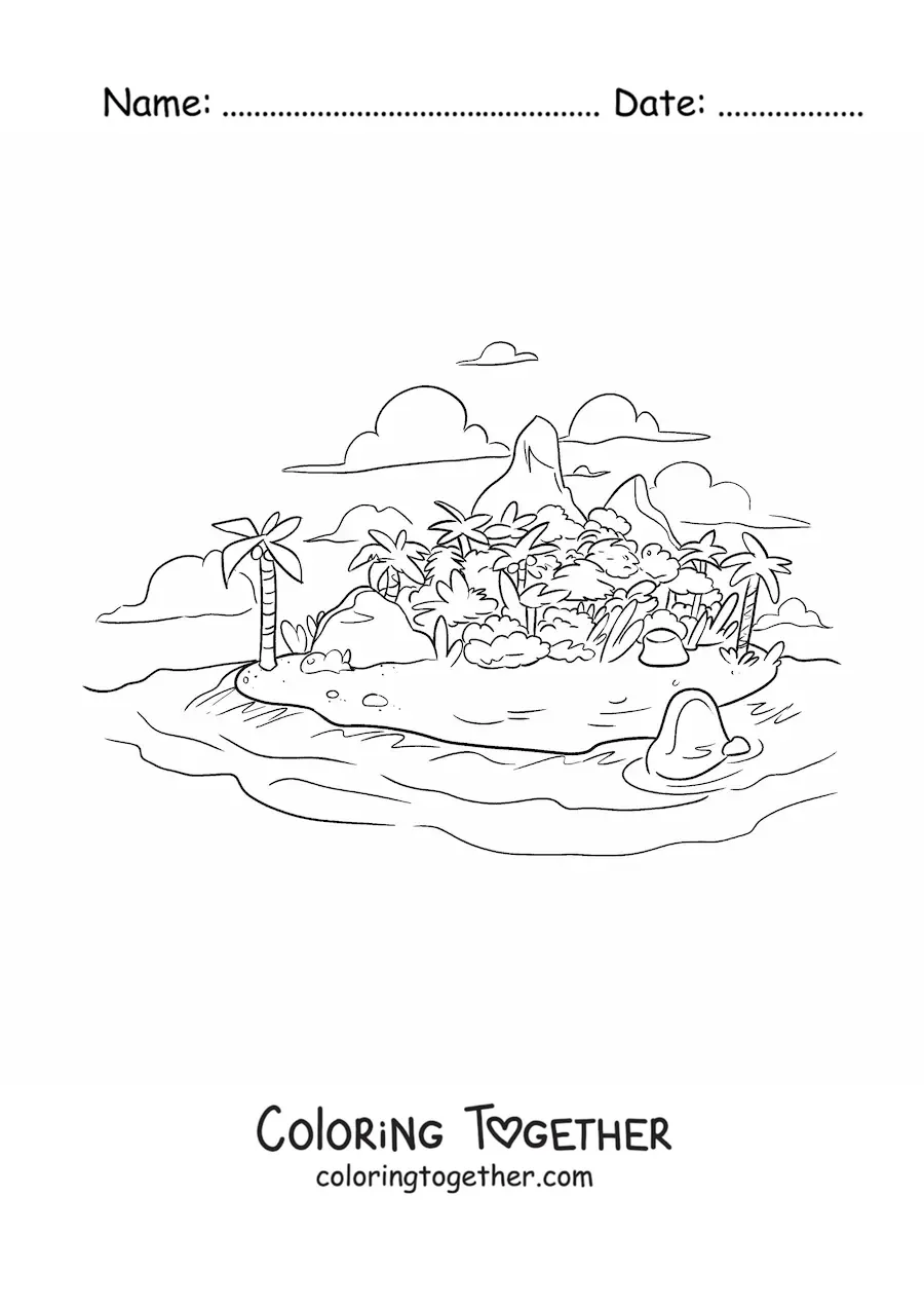 Coloring page of a large realistic island with palm trees and mountains