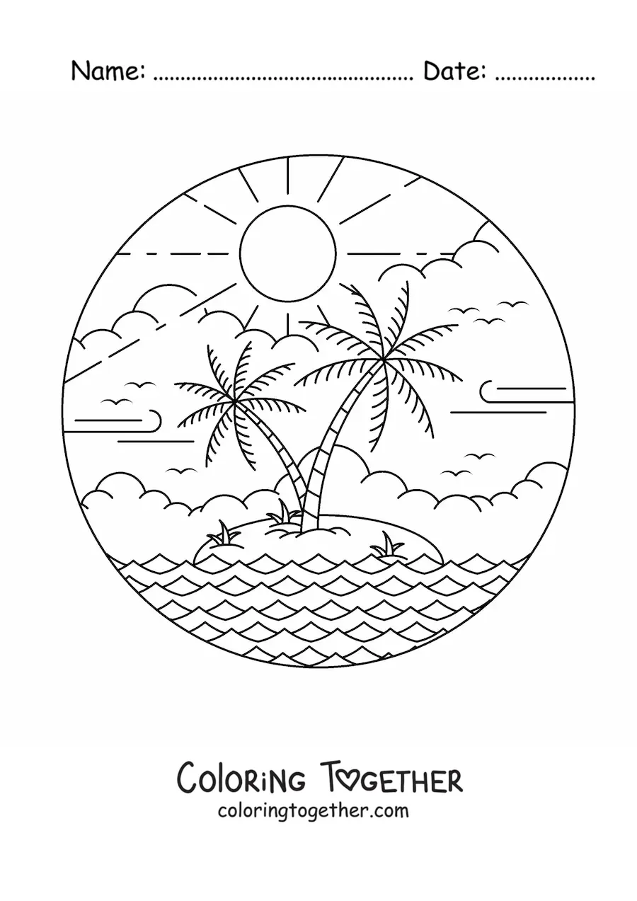 Coloring page of a paradise island with the sun and 2 palm trees