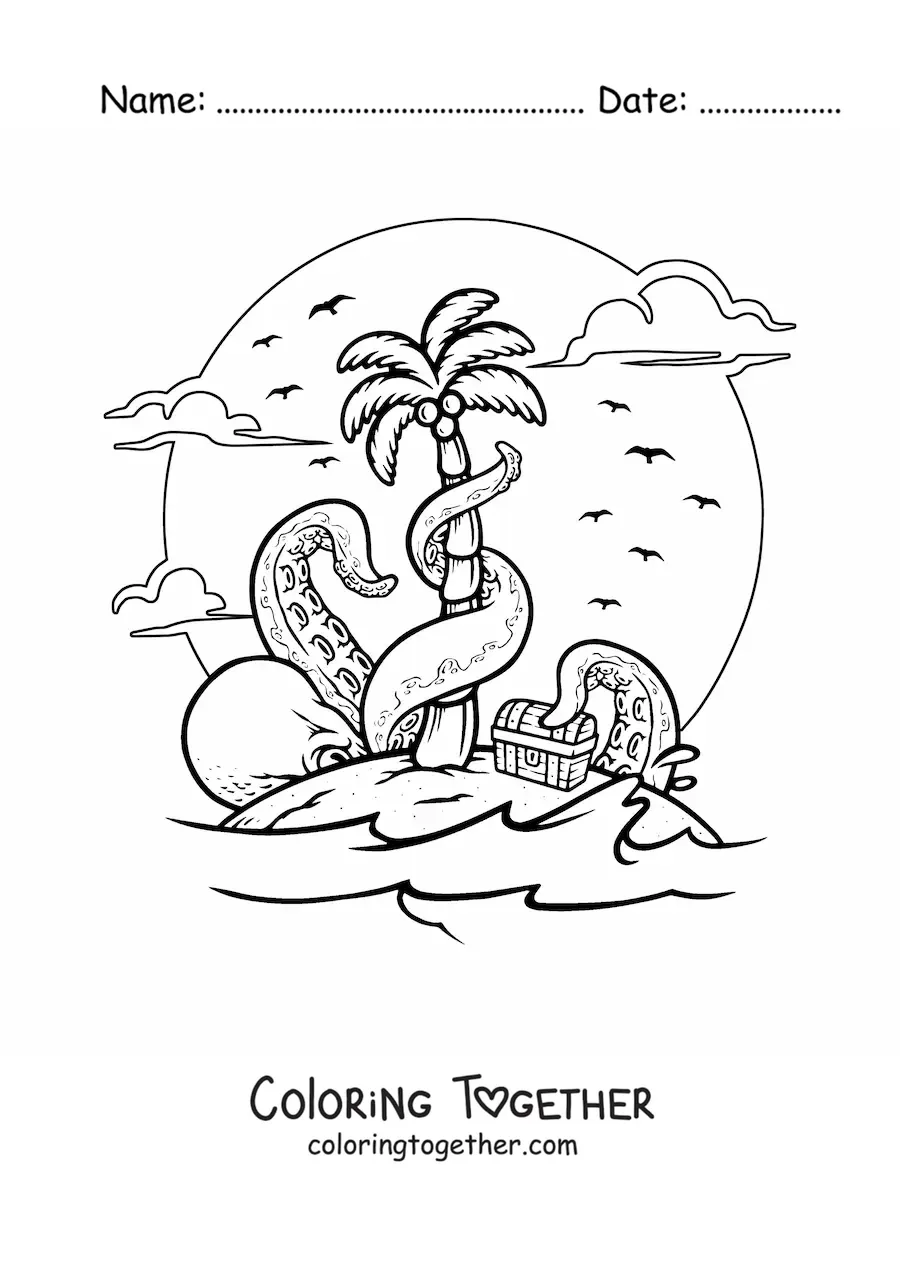 Coloring page of an island with a treasure chest and a giant octopus trying to steal it