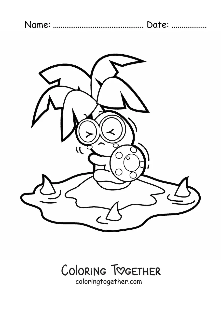 Coloring page of a scared kawaii turtle on an island surrounded by sharks