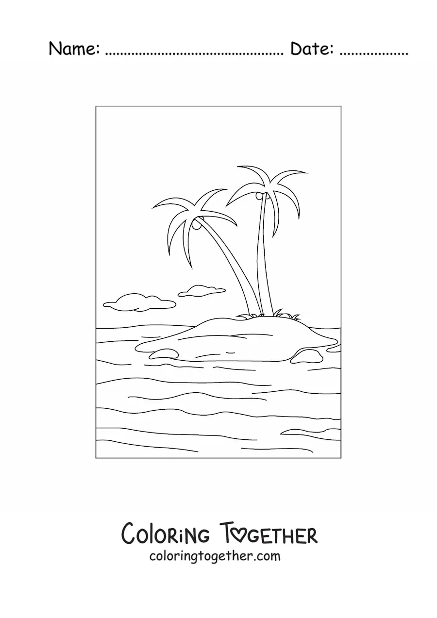Coloring page of an island landscape with 2 palm trees