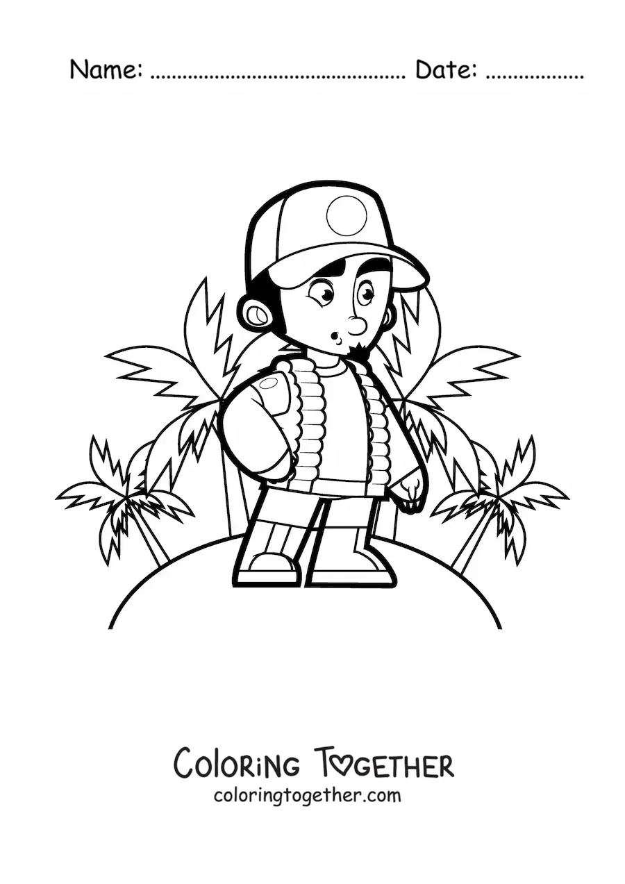 Coloring page of an explorer on a tropical island with palm trees