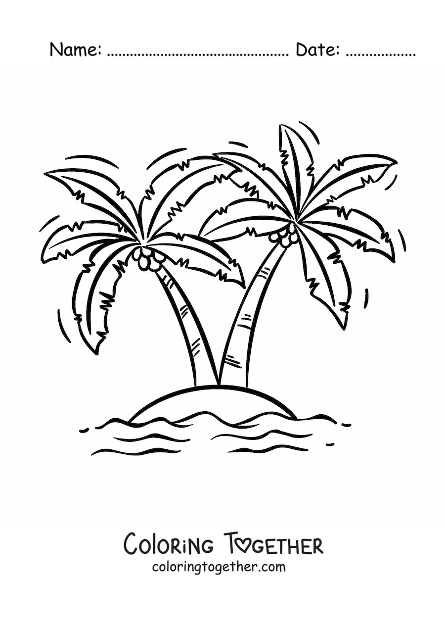 Coloring page of an island with 2 palm trees
