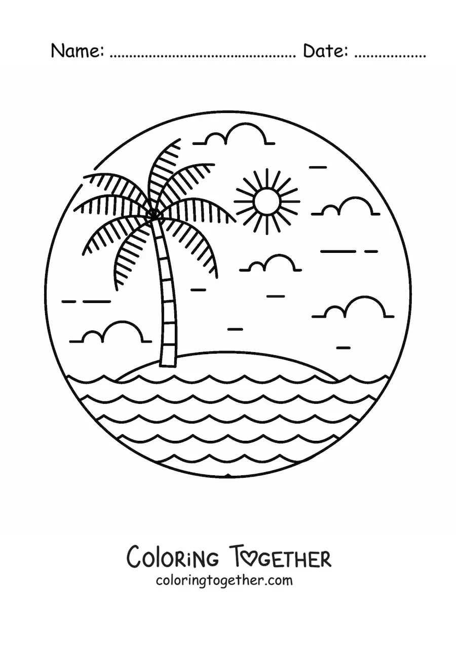 Coloring page of a desert island with a palm tree and the sun