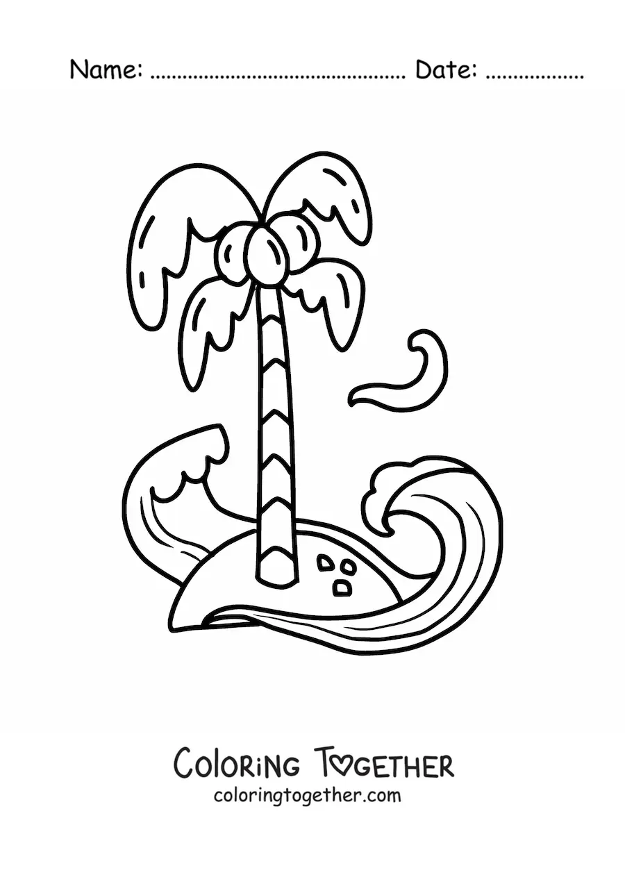 Coloring page of an island with a coconut tree and waves in the sea