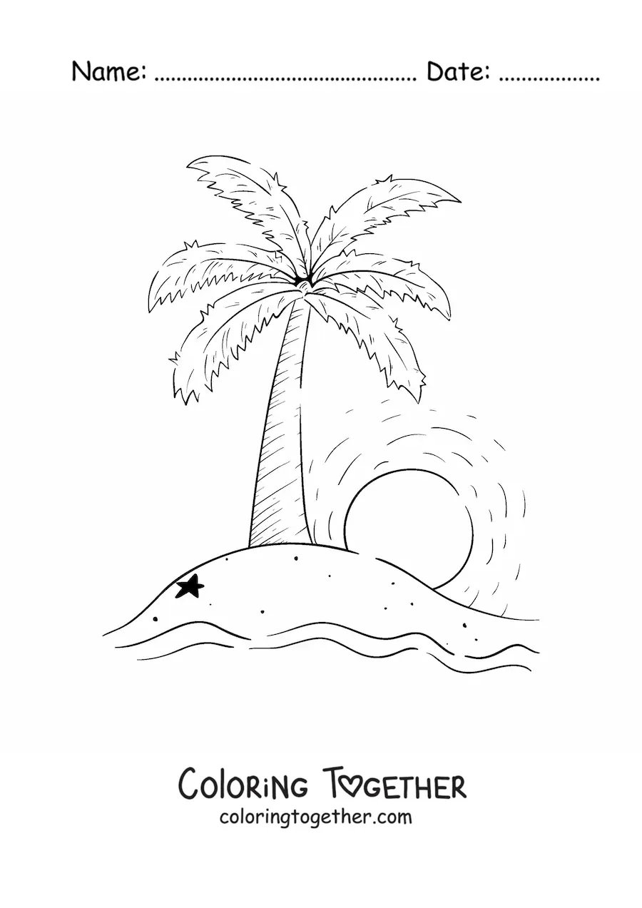 Coloring page of the sun setting over an island with a palm tree