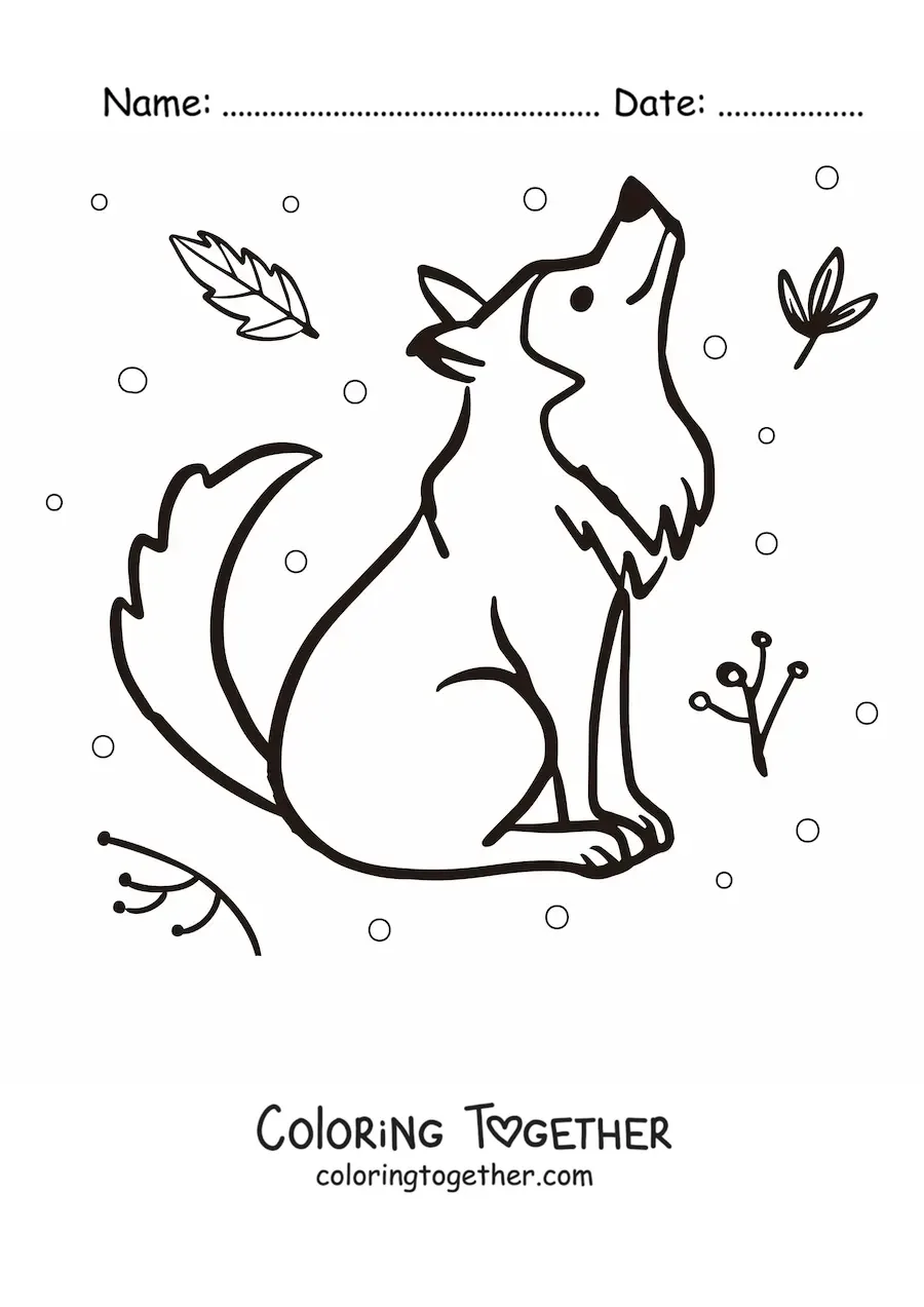 Coloring page of a kawaii wolf sitting and looking up with leaves around it