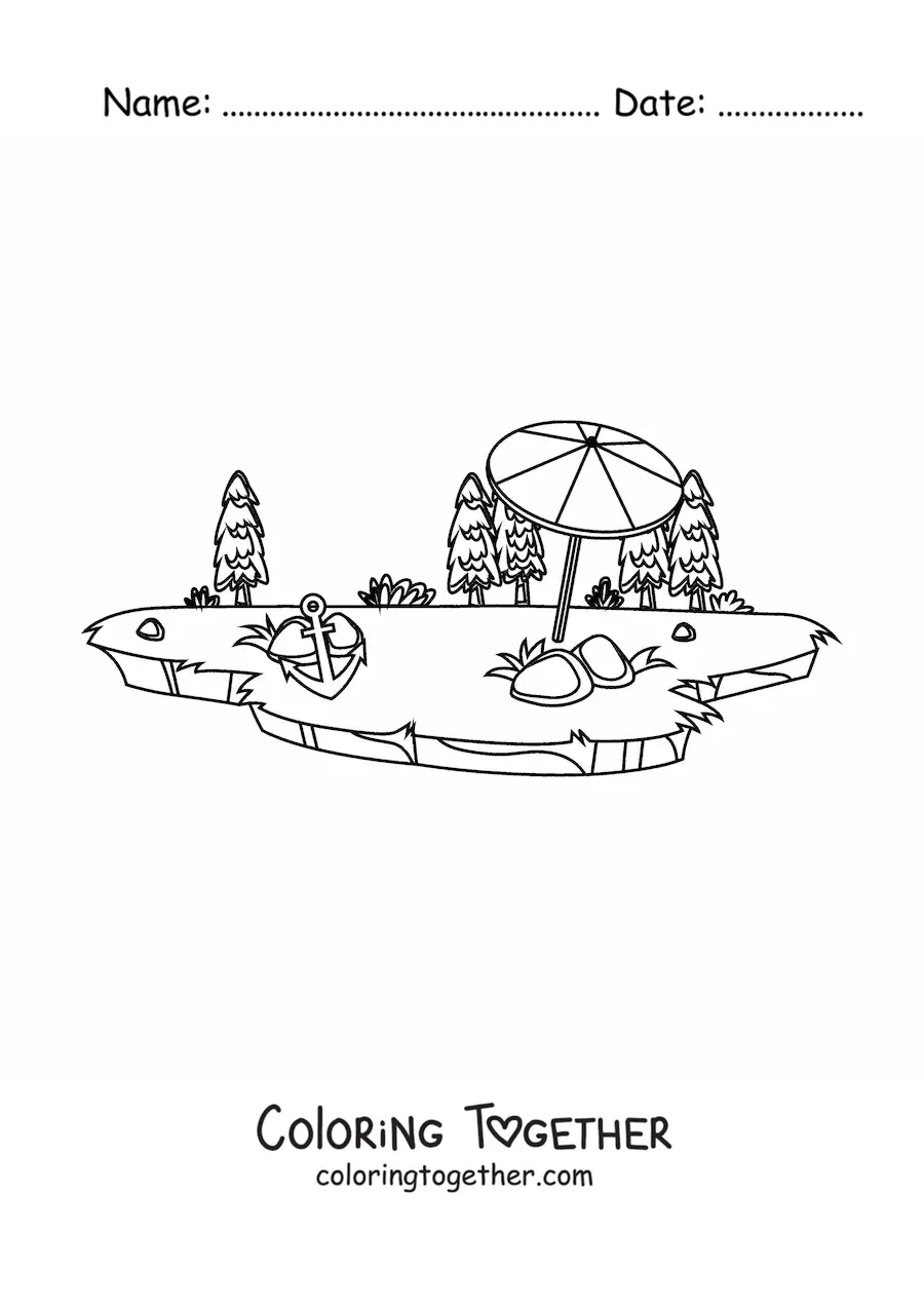 Coloring page of an island with a beach umbrella